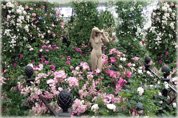 Скульптура, кованные оградки, обилие роз и гортензий характерные черты для романтического сада
